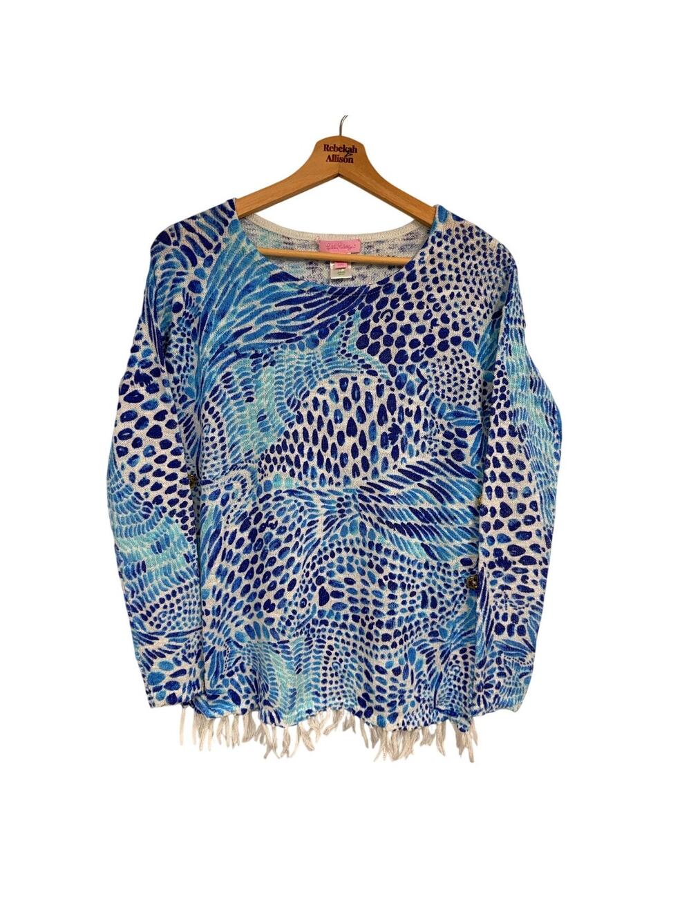 Lilly Pulitzer Brilliant Ramona Sweater SZ SMALL Blue Tang Gang Button Fringe
